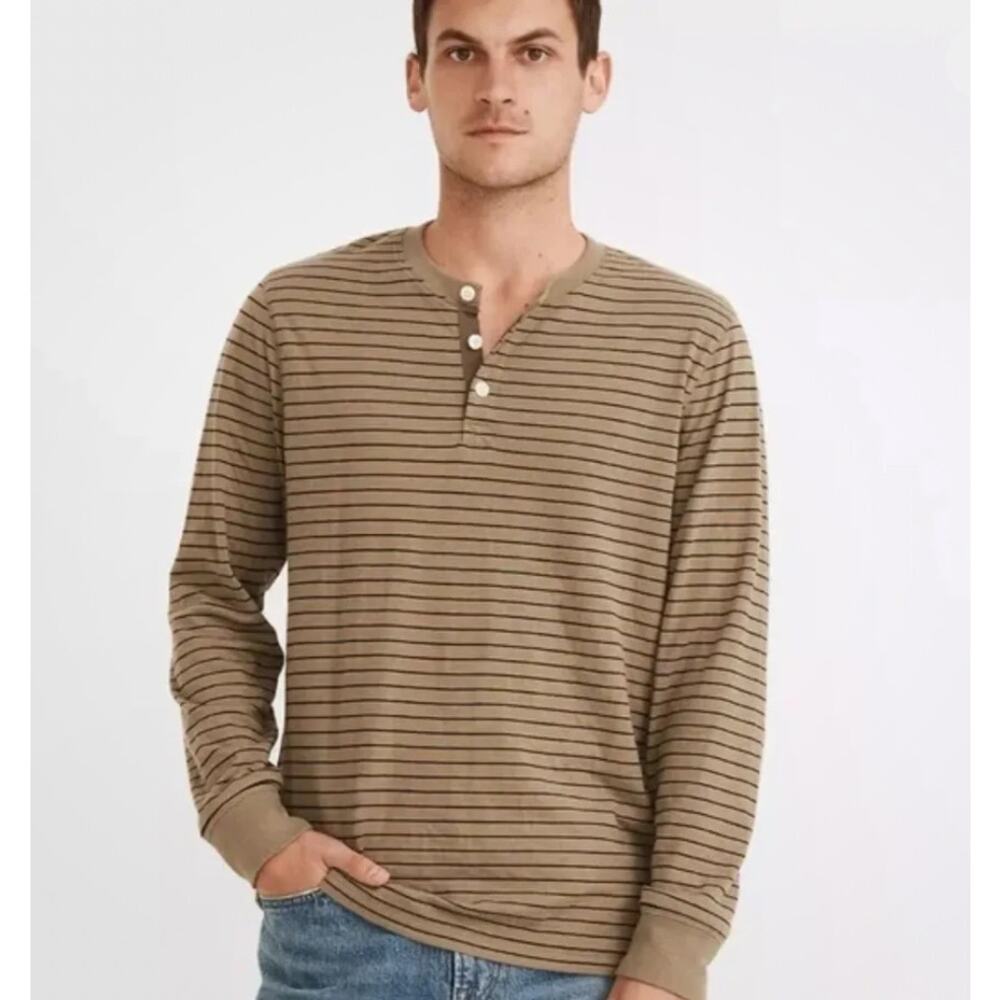 Madewell Men's Doubledown Henley Tee Green Black Striped XXL Cotton Long Sleeve